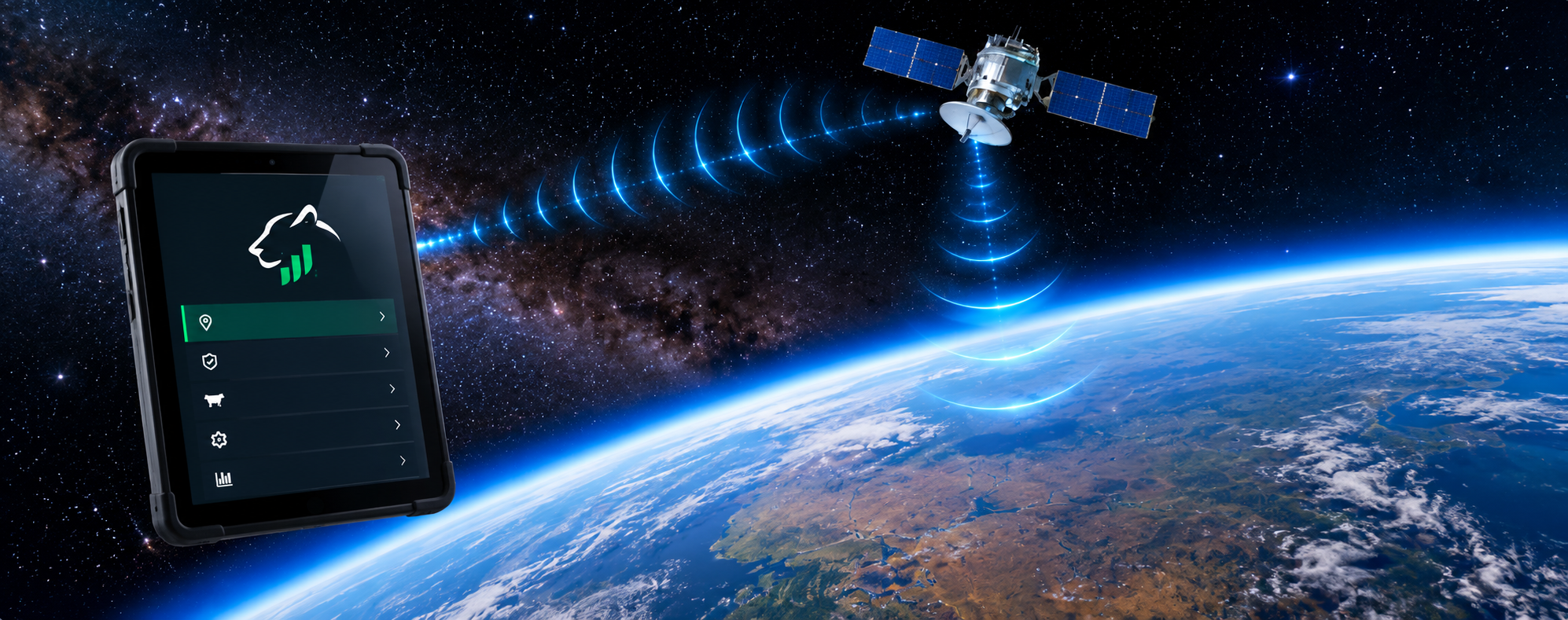 Tablet com o aplicativo Oceloti 360 conectado a um satélite em órbita da Terra