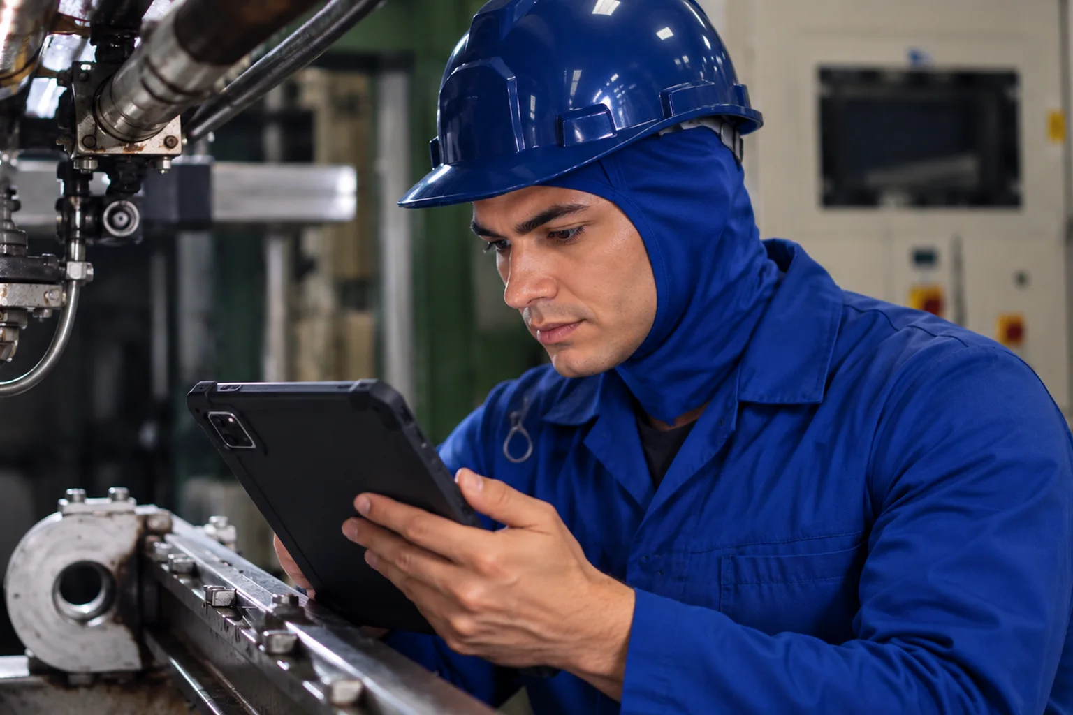 Manutentor fazendo inspeção de rota em equipamento industrial pelo tablet